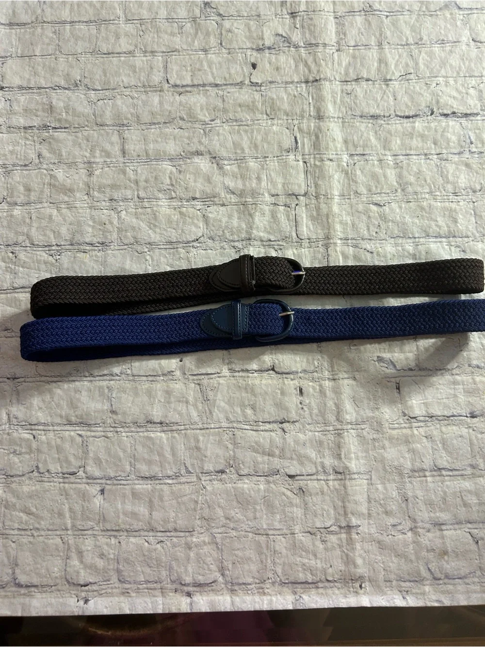 LOT OF (2) WOVEN STRETCH VINTAGE UNISEX BELTS BLUE AND CHOCOLATE BROWN SIZE XL